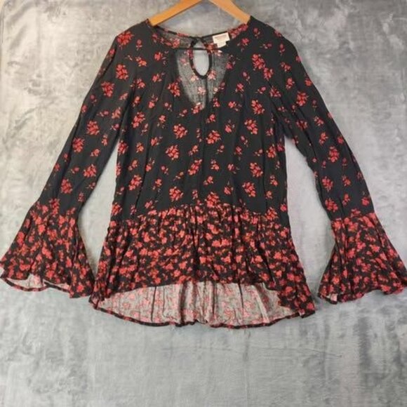 Mossimo Womens XS Black Red Floral Blouse‎ Bell Sleeve Peplum Rayon Boho Cottage - Picture 1 of 9